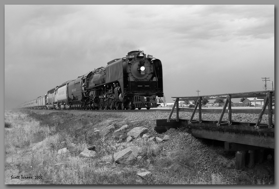 UP #844 at Pierce with Frontier Days train