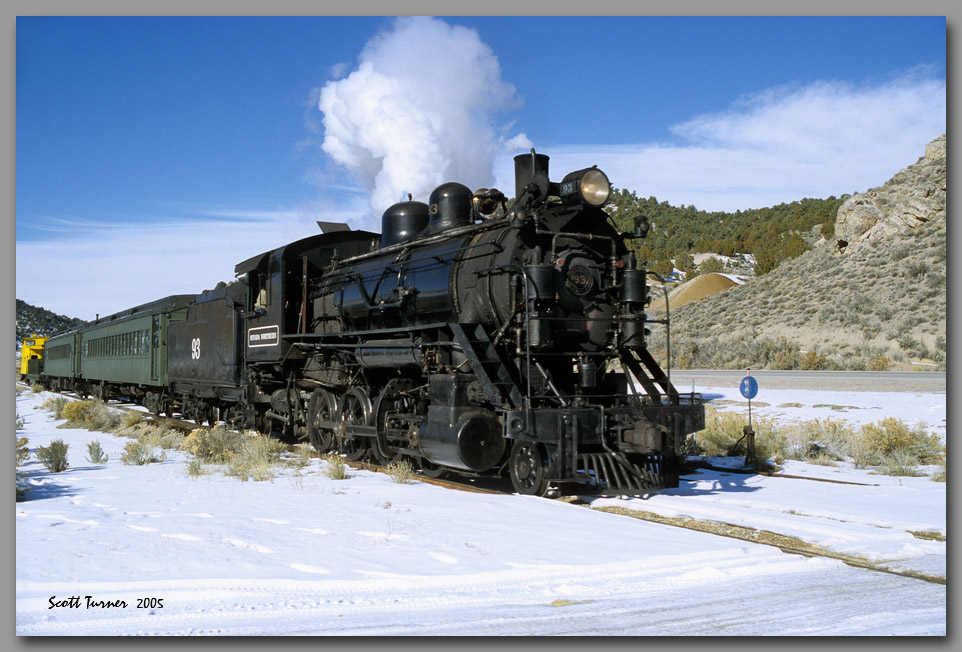 Photo: Nevada Northern Railway #93 at Keystone branch grade crossing