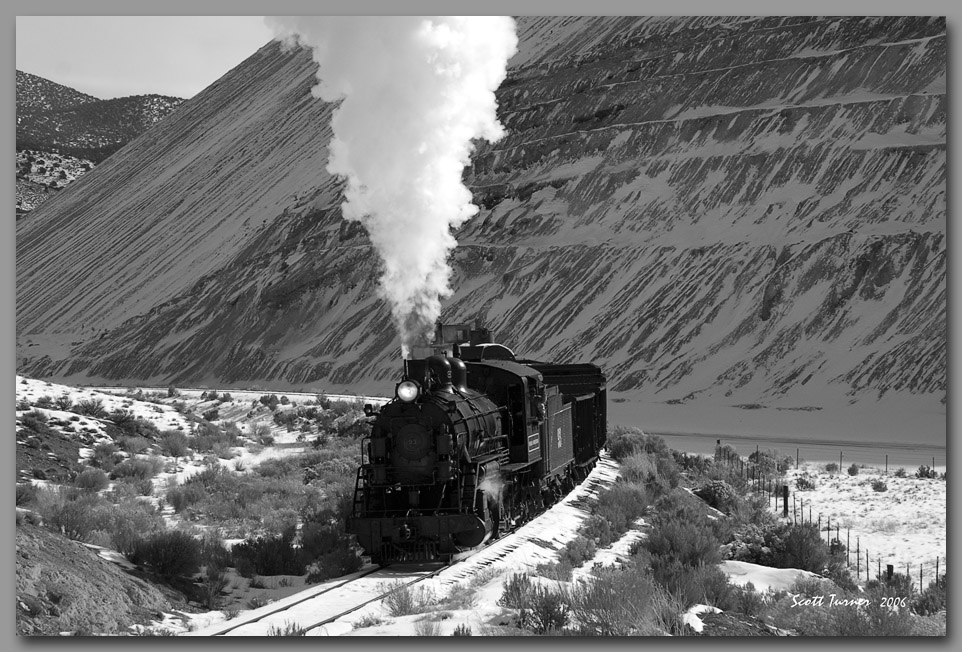 Photo: Nevada Northern Railway #93 passes mine tailings on Keystone branch